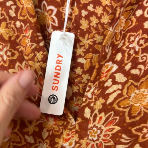 NWT Sundry Midi Dress Brown Orange Floral Cotton Boho Oversized Puff Sleeve S 1 - Picture 8 of 15